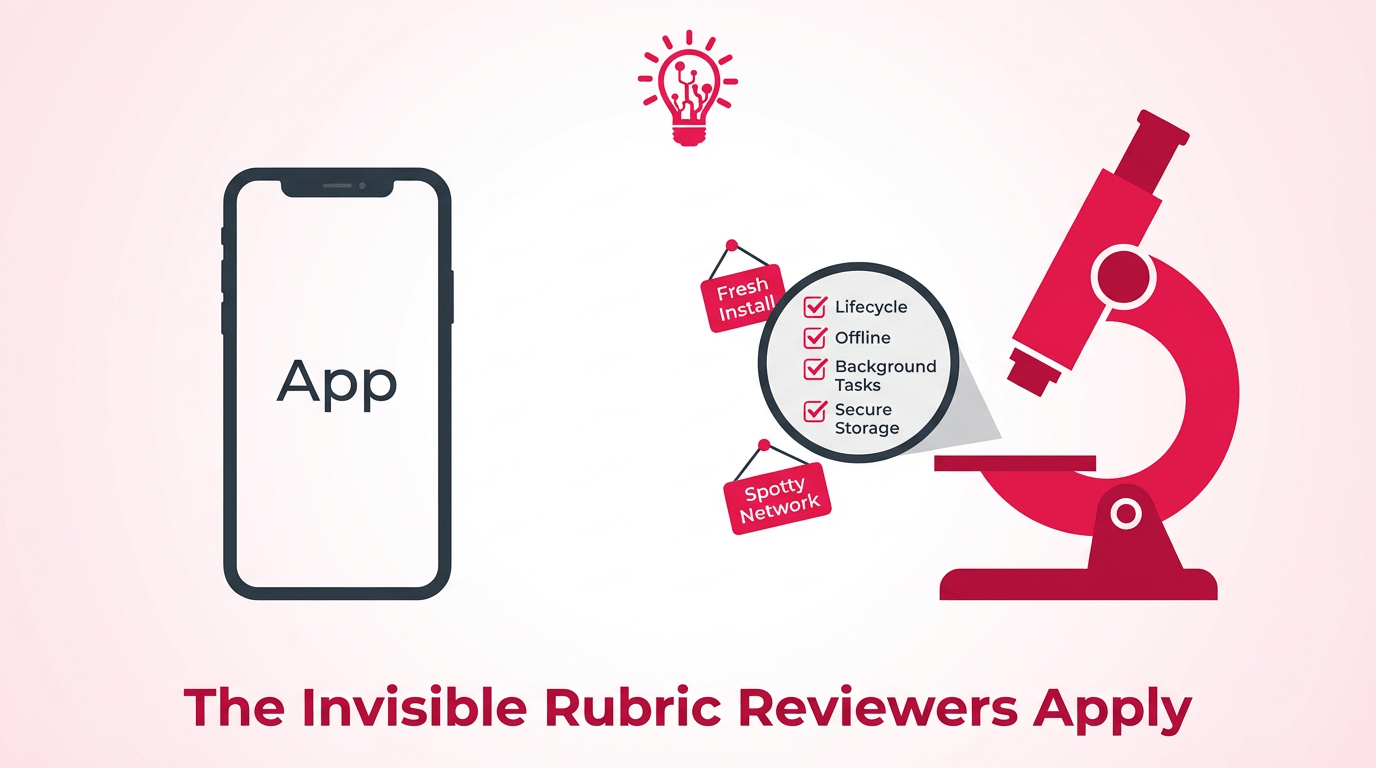Flat illustration of an iPhone app under a microscope revealing a hidden review checklist for lifecycle, offline handling, background tasks, and secure storage