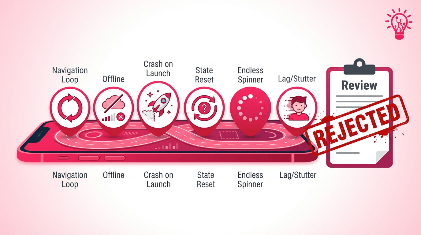 An app flow drawn as an obstacle course with labeled hurdles for navigation, offline, crash on launch, state reset, endless spinner, and lag, ending in an App Store review clipboard stamped rejected