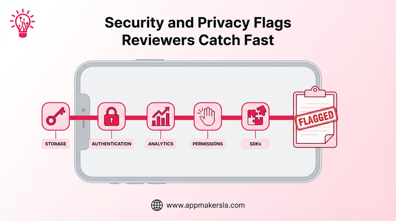 Flat illustration of an iPhone path hitting five privacy tripwires labeled storage, auth, analytics, permissions, and SDKs, ending at an app review clipboard stamped flagged