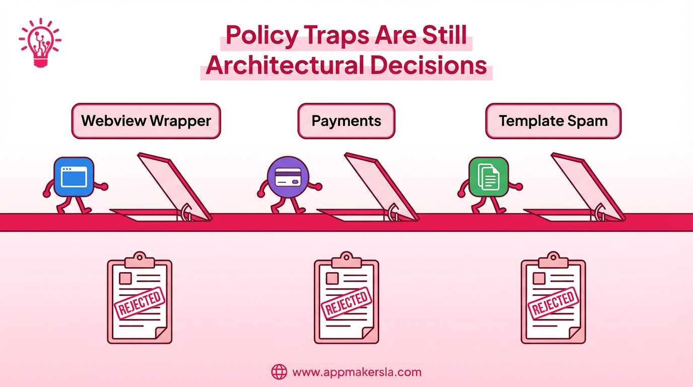 Flat illustration of three trap doors labeled webview wrapper, payments, and template spam dropping app icons into rejected review clipboards