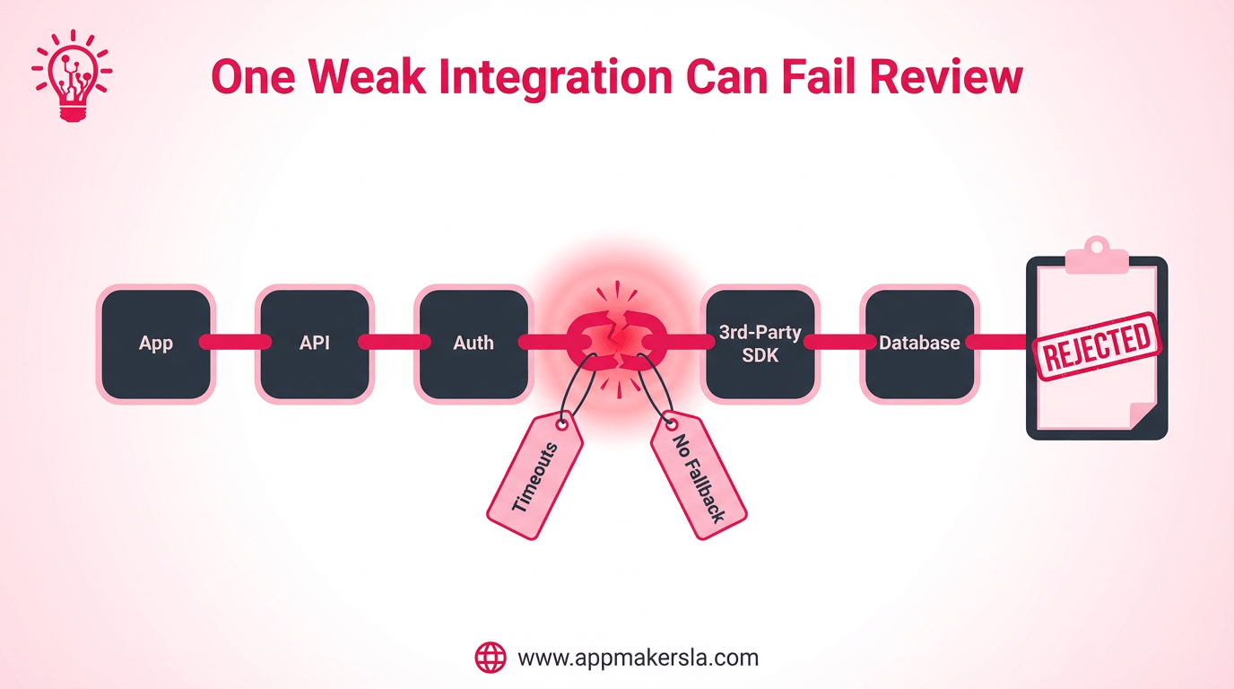 Illustration of an app-to-backend chain with a cracked integration link labeled timeouts and no fallback, ending in an App Store review clipboard stamped rejected
