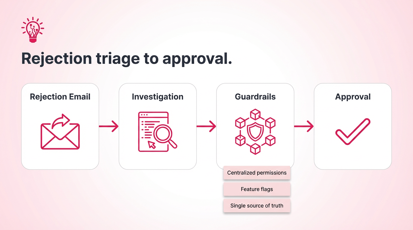 Workflow diagram showing App Store rejection triage turning into guardrails and an approval outcome