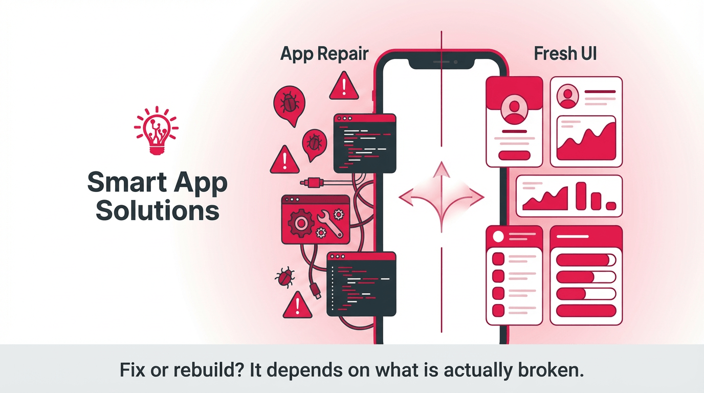 Split-screen illustration showing a broken mobile app being repaired on one side and rebuilt from scratch on the other to compare the two paths