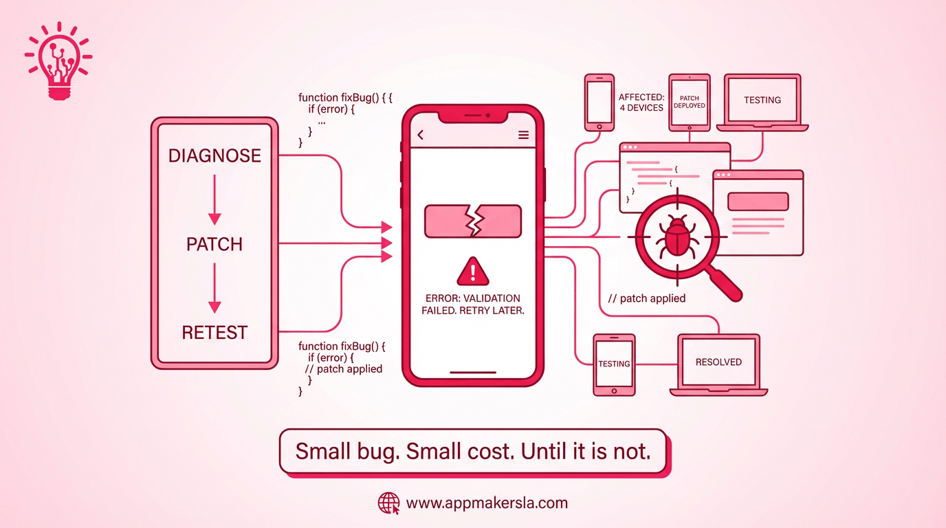 Illustration of a mobile app with a minor bug being diagnosed through a triage workflow before it grows into a more expensive repair