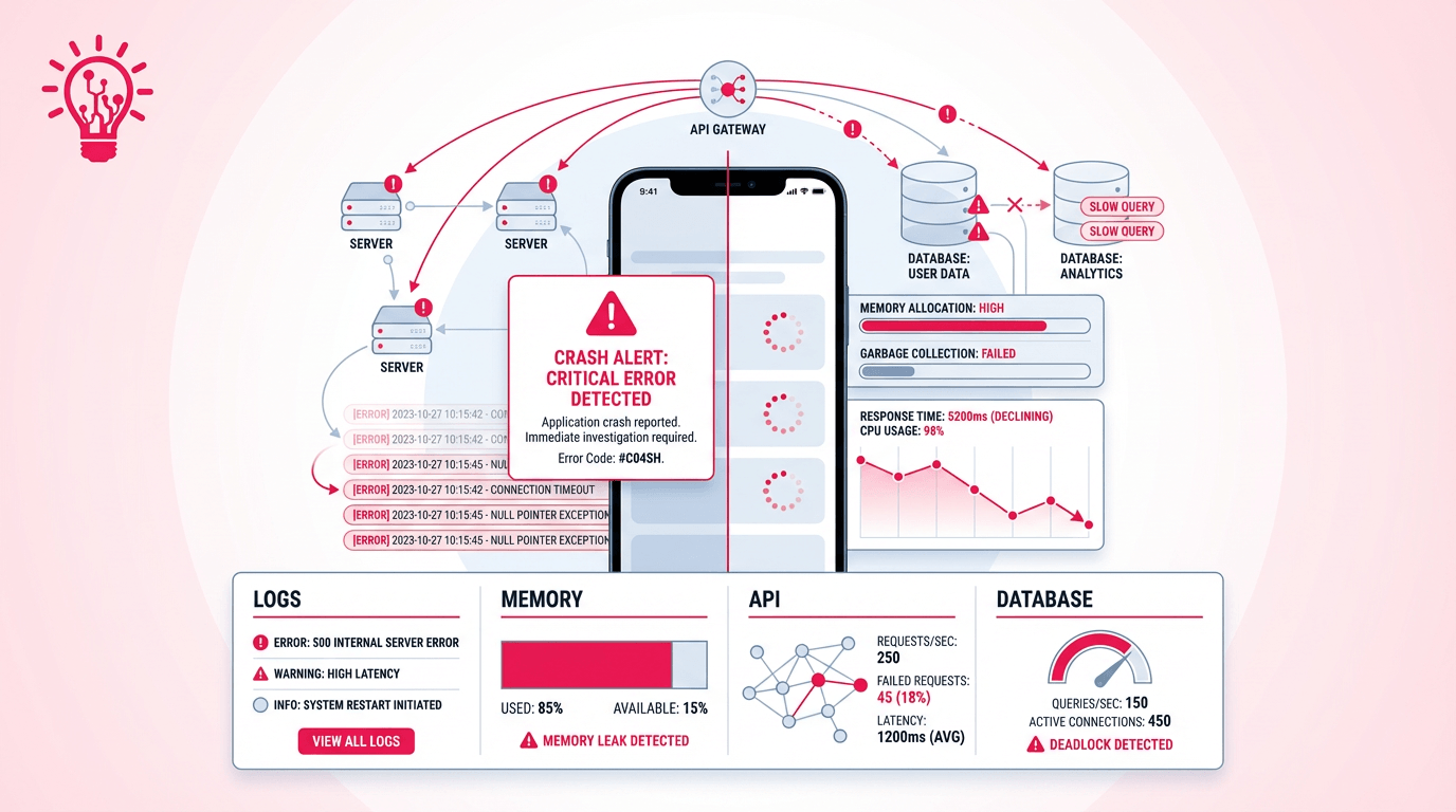 Illustration of a mobile app with crash alerts and slow performance indicators connected to logs, APIs, and database diagnostics