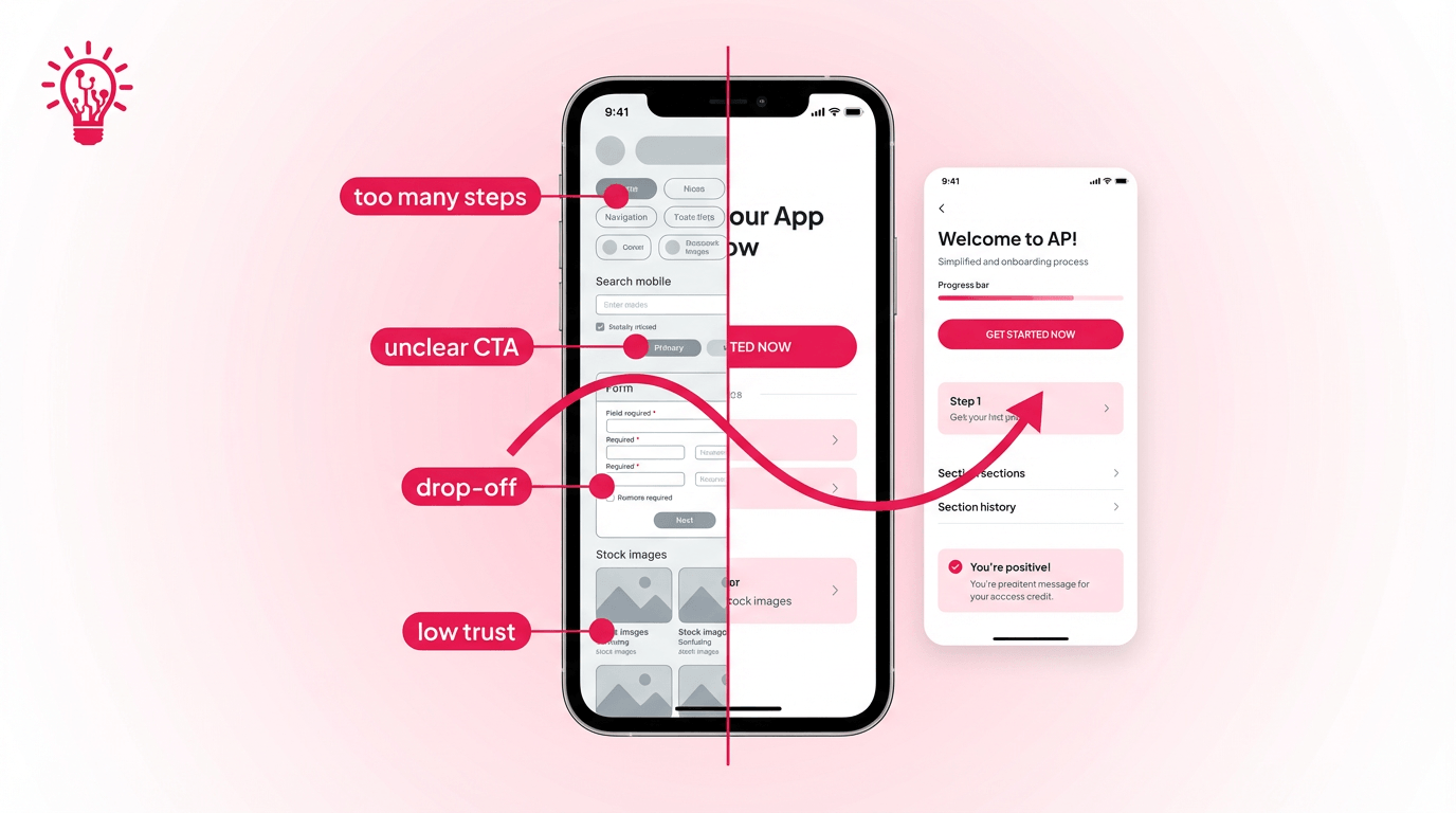 Illustration of a mobile app with a cluttered confusing interface beside a cleaner redesigned version that improves user flow and clarity
