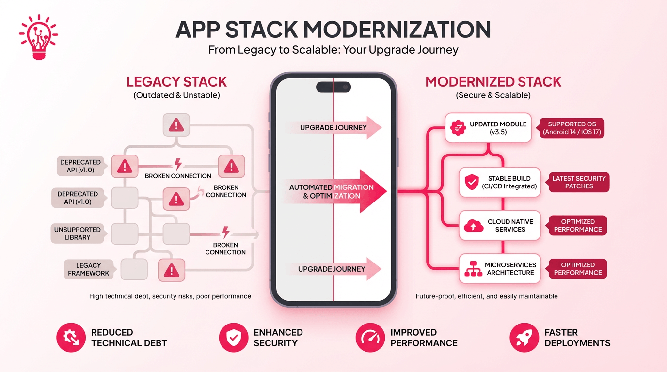Illustration of a mobile app connected to an outdated framework stack being upgraded into a modern supported system.