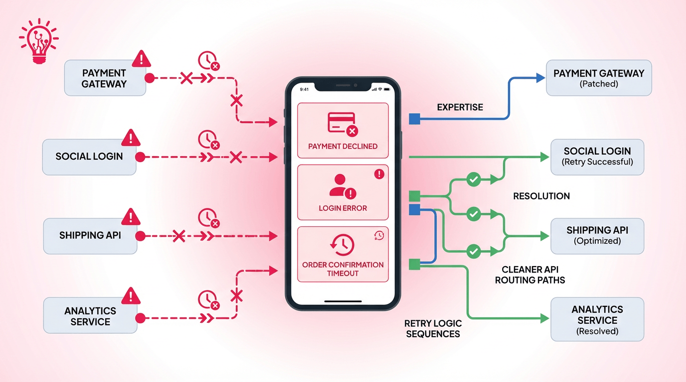 a mobile app with broken payment, login, and API connections causing visible failures across the user experience