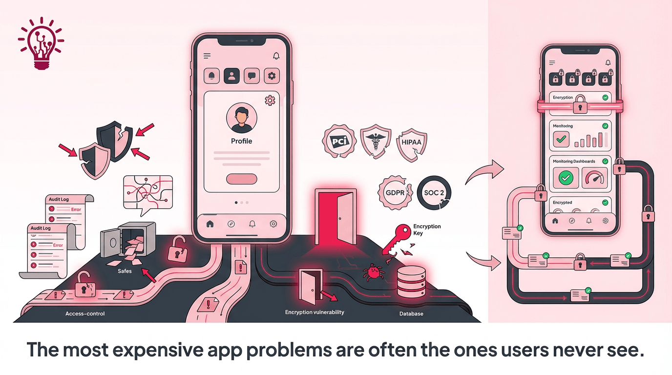 a mobile app with hidden security vulnerabilities and compliance risks shown beneath the interface alongside a secured version