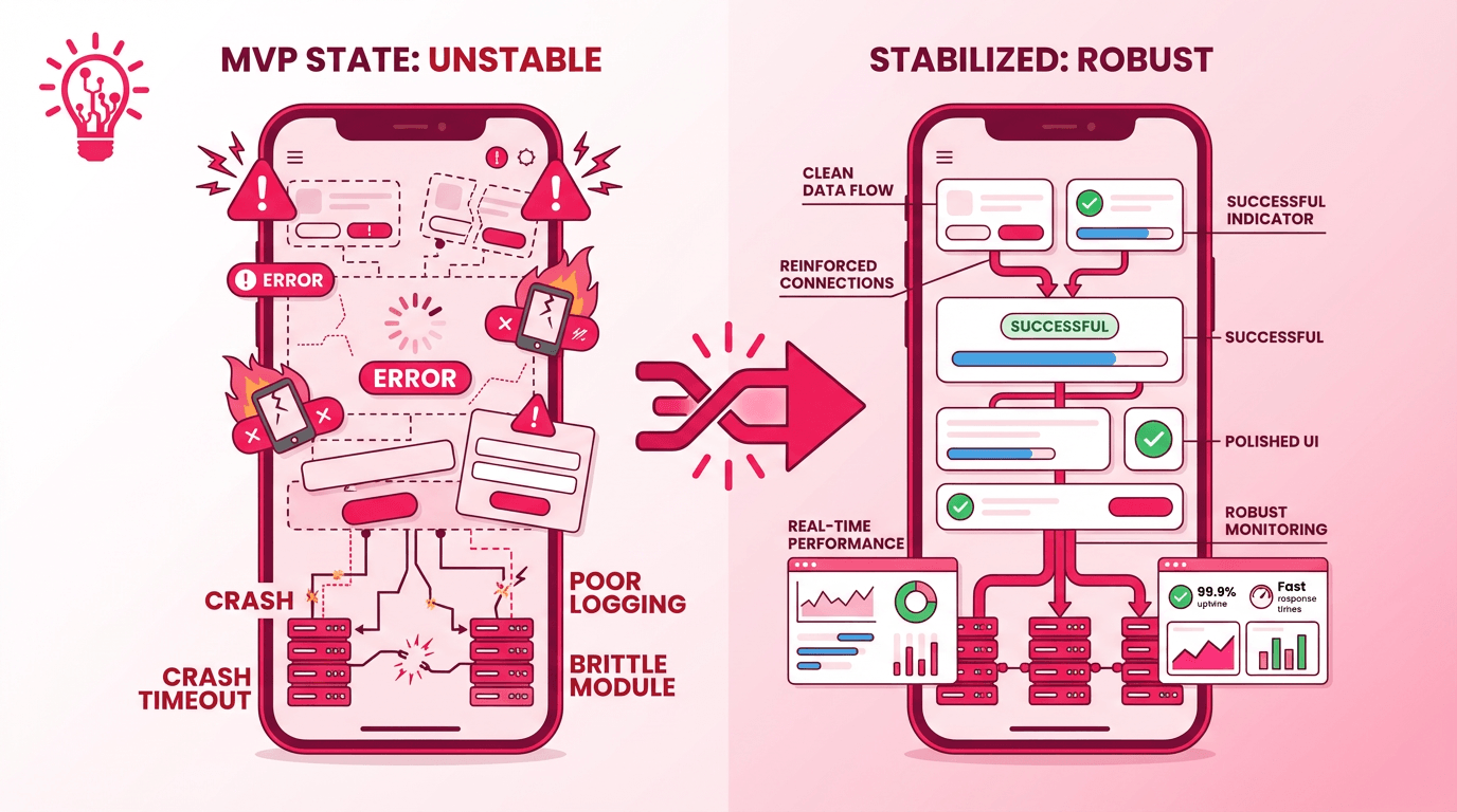 a fragile MVP app with crashes and weak modules being stabilized into a reliable product with stronger monitoring and smoother performance