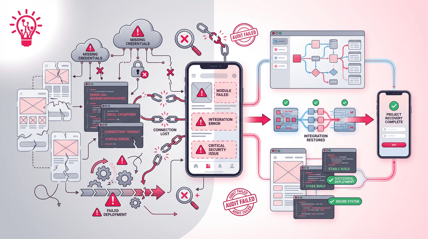 a half-finished mobile app with missing modules and broken system connections being audited and recovered into a usable product