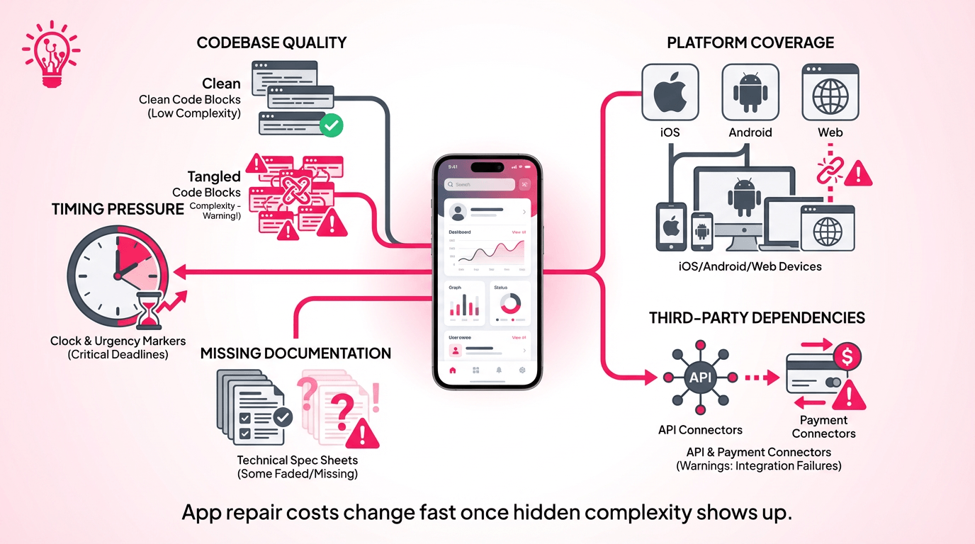 a mobile app surrounded by budget factors such as code quality, platform coverage, third-party dependencies, documentation gaps, and urgency