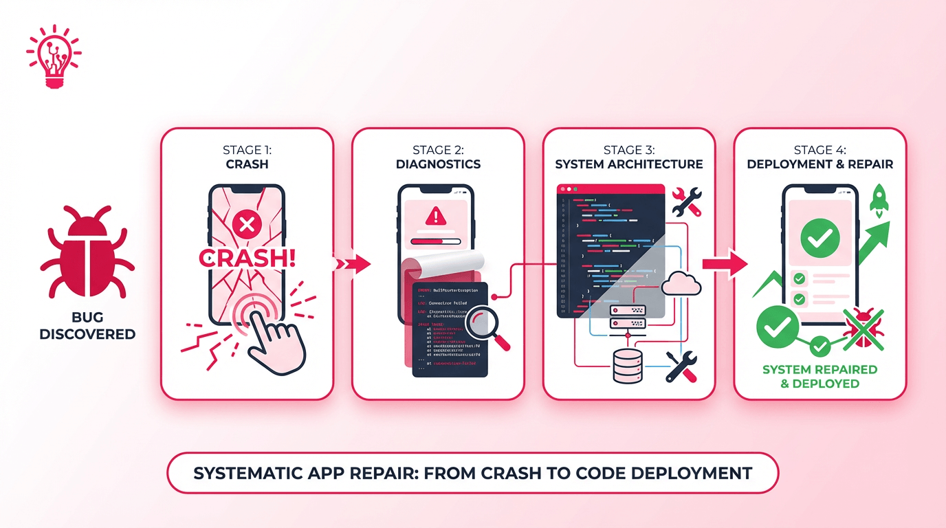Step-by-step infographic showing app repair stages from bug discovery and crash to diagnostics, system architecture review, and final deployment.
