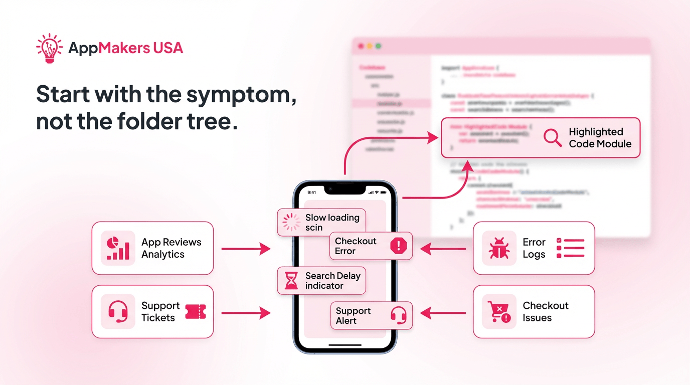 a mobile app surrounded by support tickets, analytics, and error signals to show engineers starting with real symptoms before reading the code
