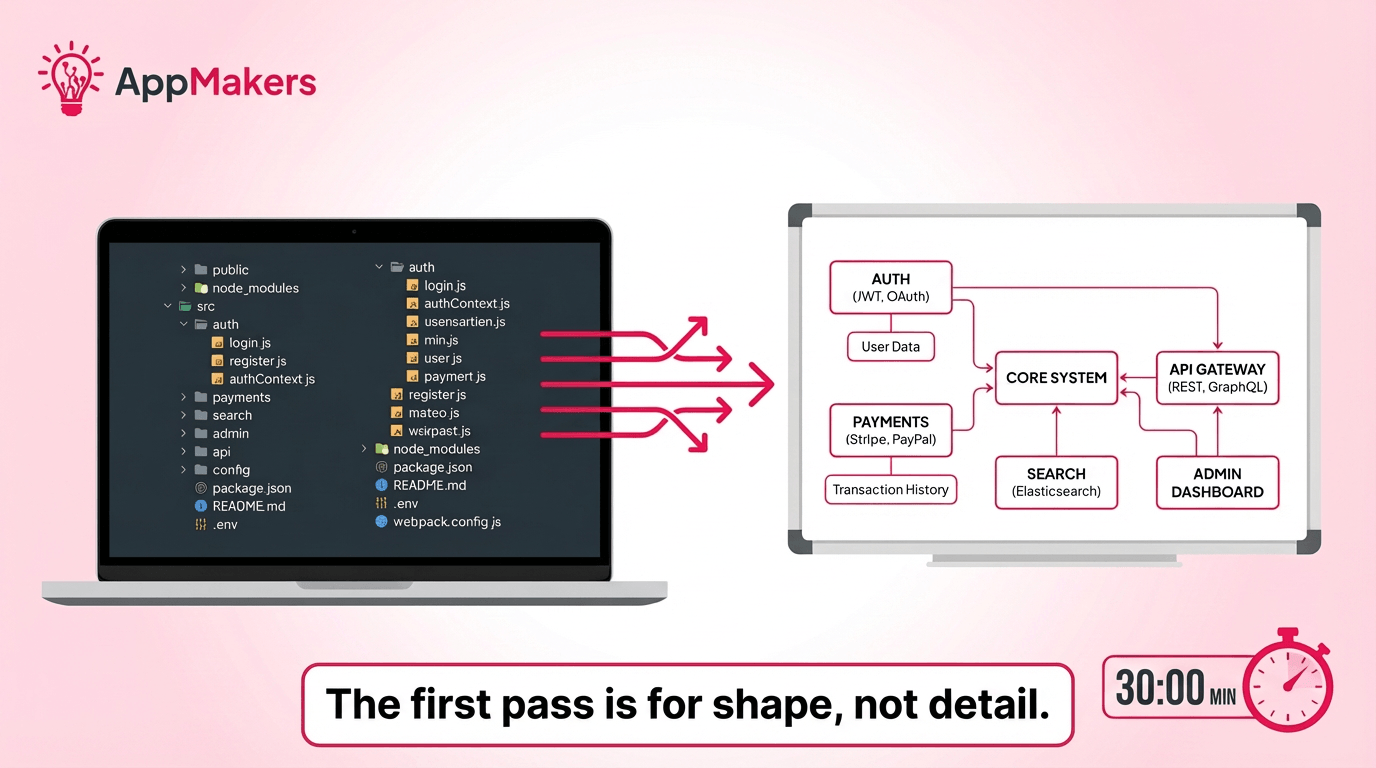 a new codebase from top-level folders and config files into a simplified system diagram within a 30-minute window