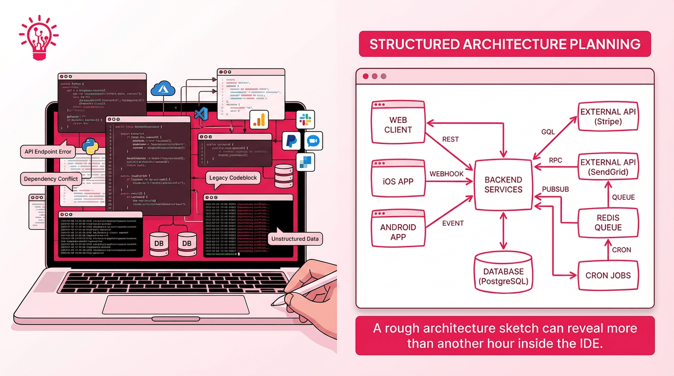 an engineer turning a complex app codebase into a simple architecture diagram showing clients, services, databases, queues, and external APIs