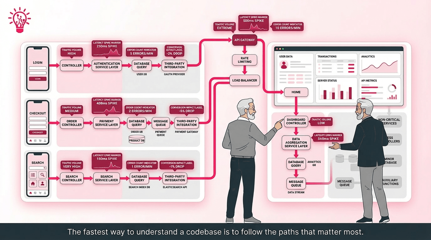 a mobile app and backend system with login, checkout, search, and dashboard routes highlighted as the most critical code paths to inspect first
