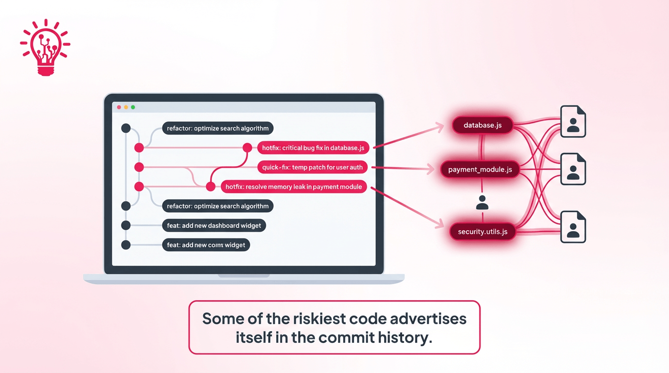 Git commit history highlighting high-churn files, repeated hotfixes, and fragile code areas in a legacy app
