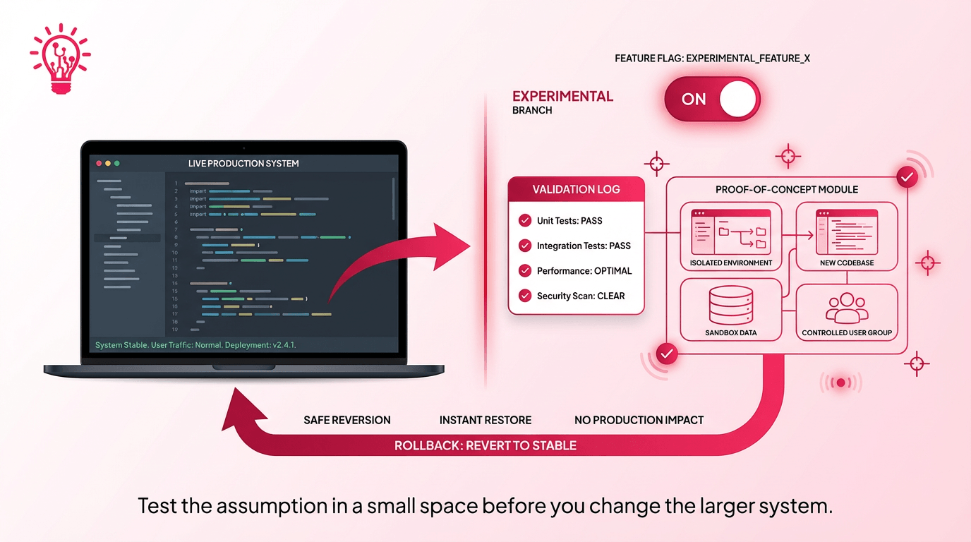 validating code assumptions through feature flags, logs, and a reversible proof of concept before making a larger app change