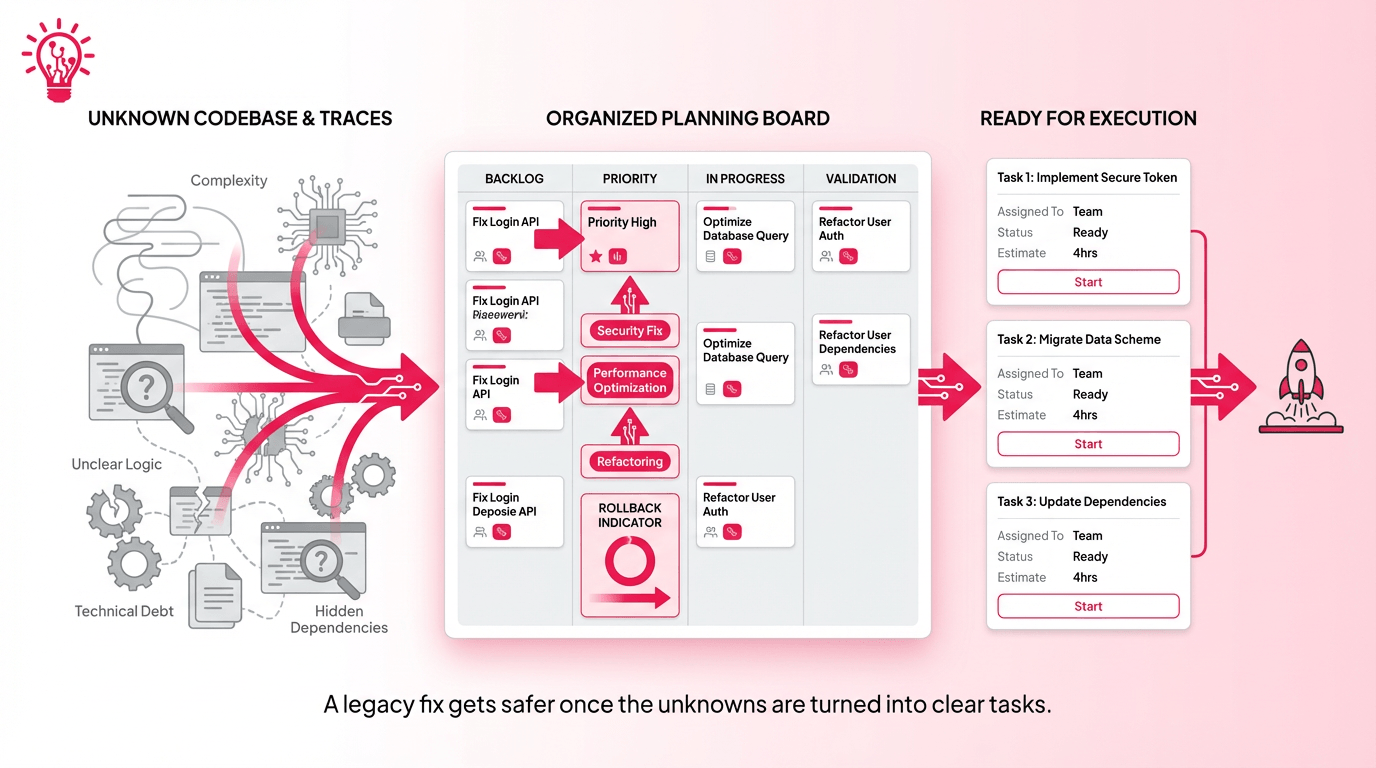 Illustration of codebase findings, traces, and notes being organized into a prioritized fix plan with task categories, dependencies, and rollback markers