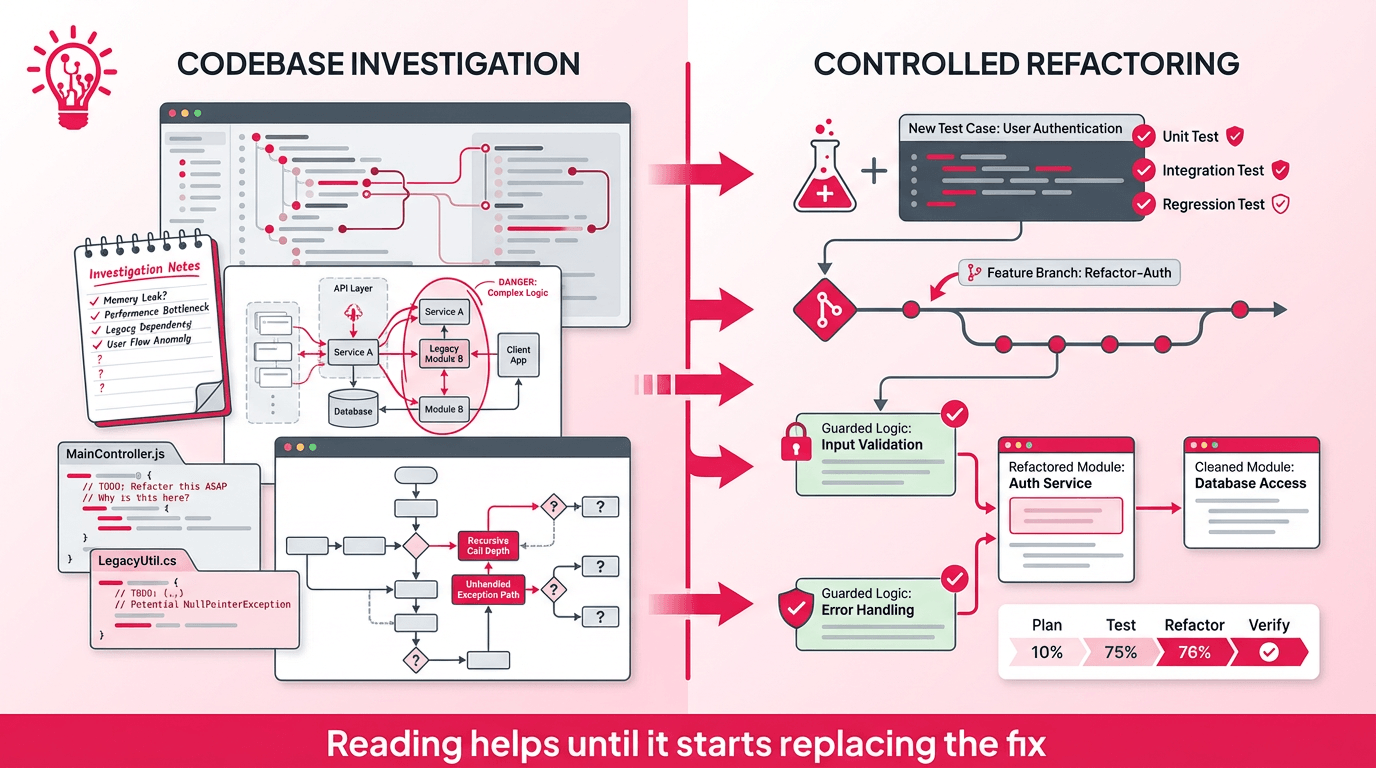 Illustration of an engineer moving from codebase investigation into a controlled first refactor with tests, notes, and safe branch-based changes