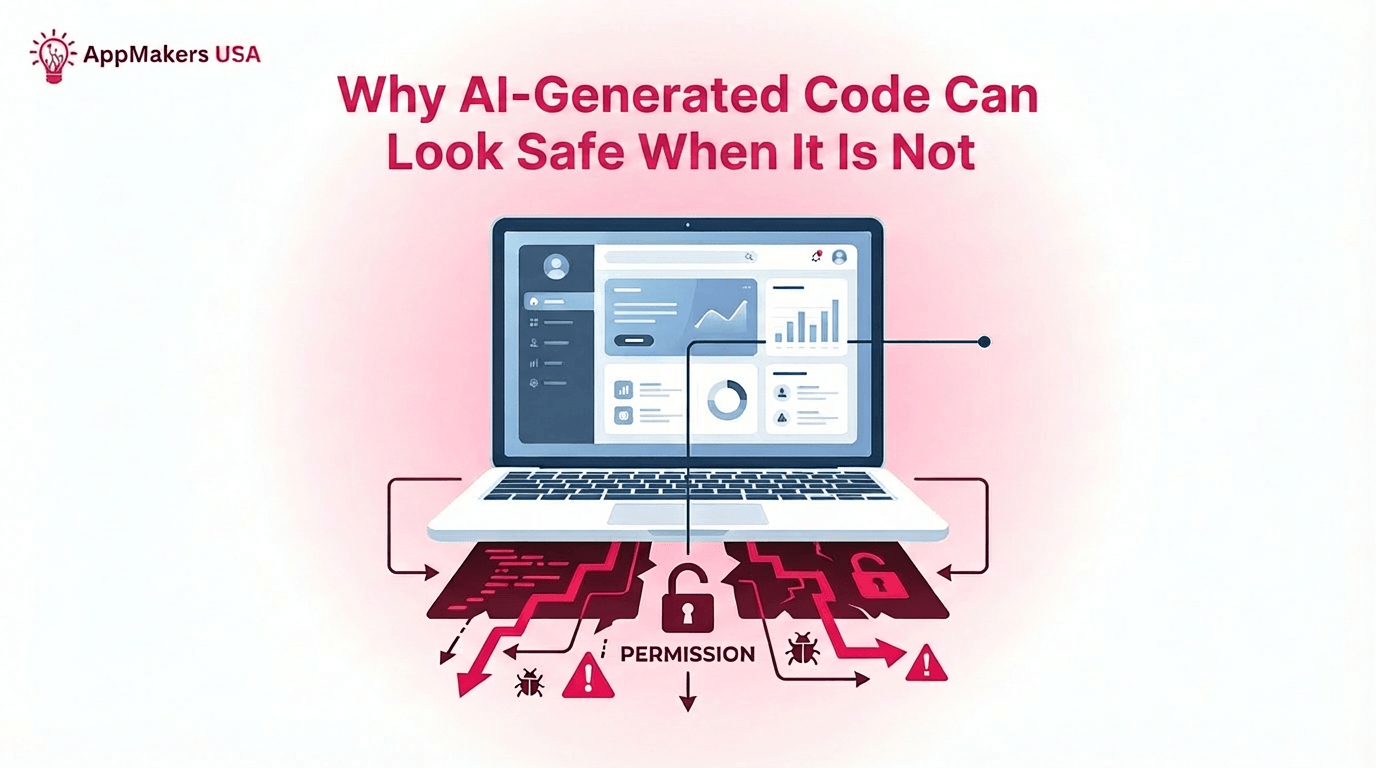 Blog image showing a polished AI-built app interface with hidden security and code quality risks beneath the surface.