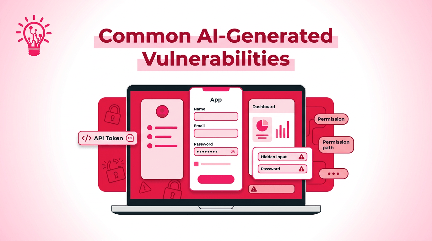 Blog image showing a polished AI-built app interface with hidden security weaknesses like exposed tokens, weak permissions, and unsafe validation underneath.