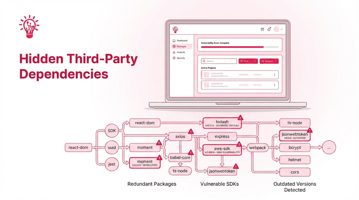 Blog image showing an app interface sitting above a hidden chain of third-party packages, SDKs, and dependency risks.