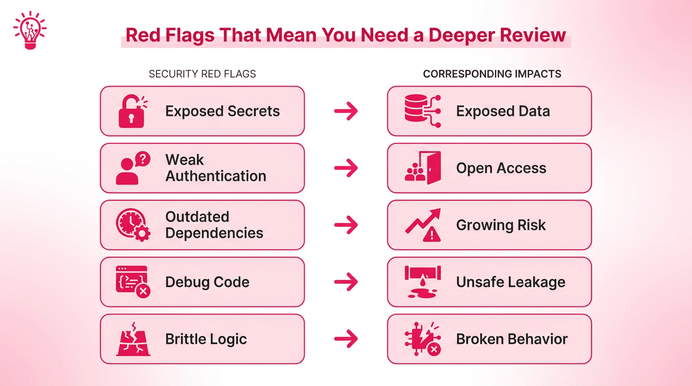 Blog image showing a two-column risk review of common red flags in AI-built app code, including exposed secrets, weak auth, outdated dependencies, debug leftovers, and fragile logic.