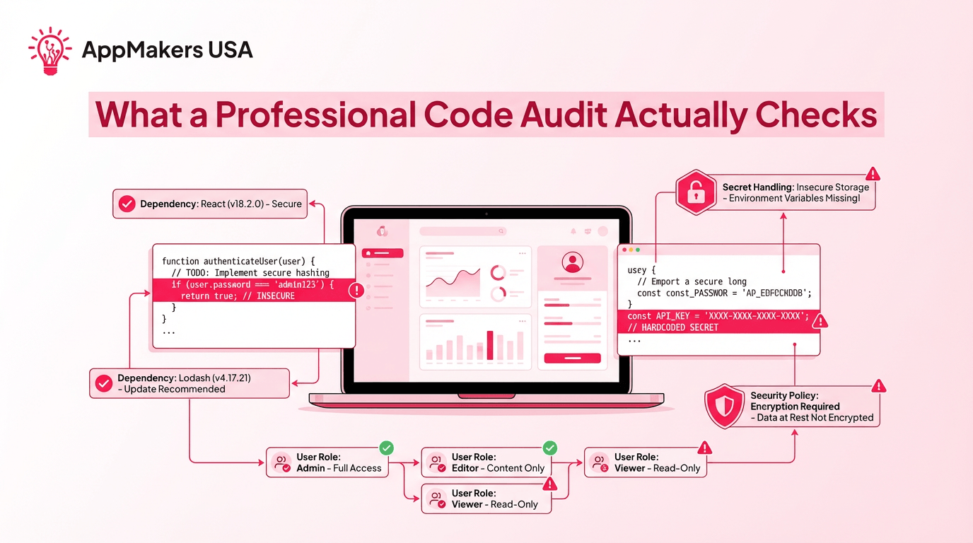 Blog image showing a professional code audit reviewing app logic, dependencies, permissions, data flow, and hidden security risks beneath a polished interface.