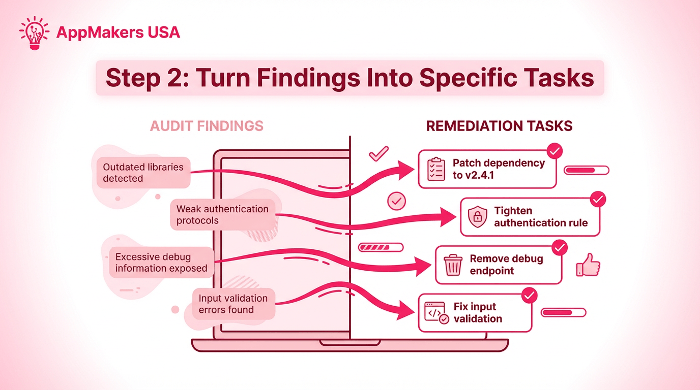 Blog image showing audit findings being converted into specific, actionable engineering tasks.