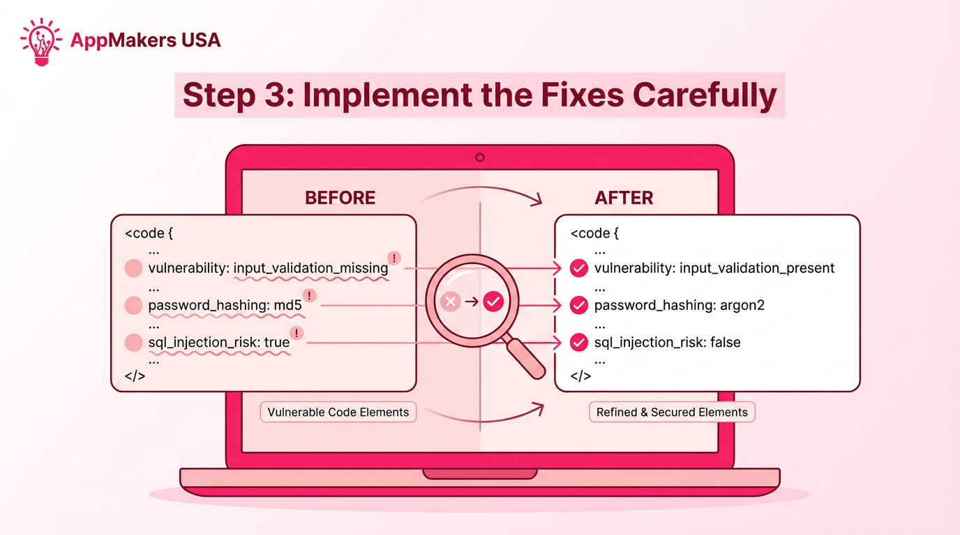 Blog image showing risky app code and security issues being carefully remediated instead of patched carelessly.