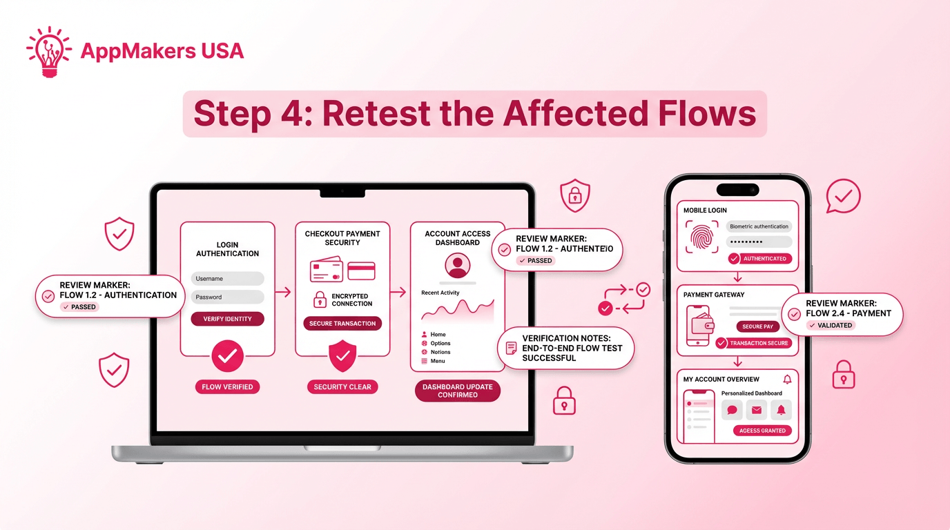 Blog image showing updated app flows being retested after security fixes to confirm the product is safer and still works correctly.