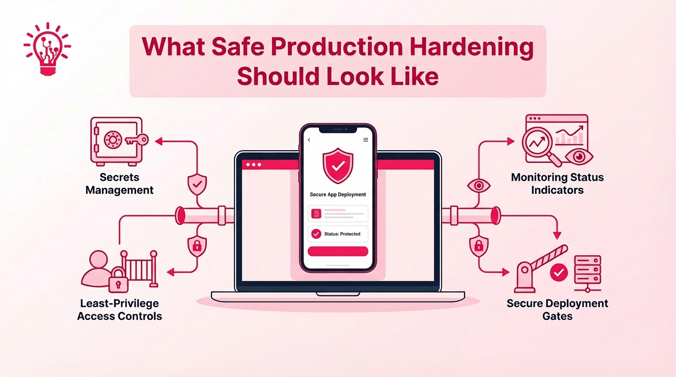 Blog image showing an AI-built app passing through secure production hardening with controlled access, protected secrets, deployment gates, and monitoring.
