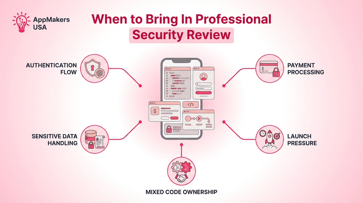 Blog image showing the decision point where an AI-built app needs a deeper professional security review because of sensitive data, auth risk, payment flows, or unclear code ownership.