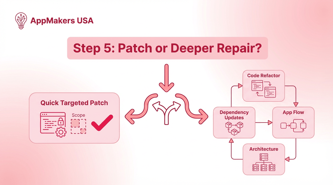 Blog image showing a decision between applying a quick patch and doing a deeper structural app repair.