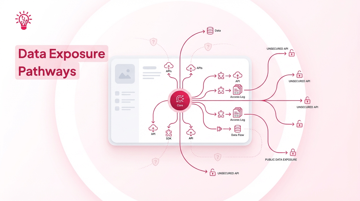 Blog image showing a polished app interface with multiple data flow paths, logs, and API connections that reveal hidden exposure risks.