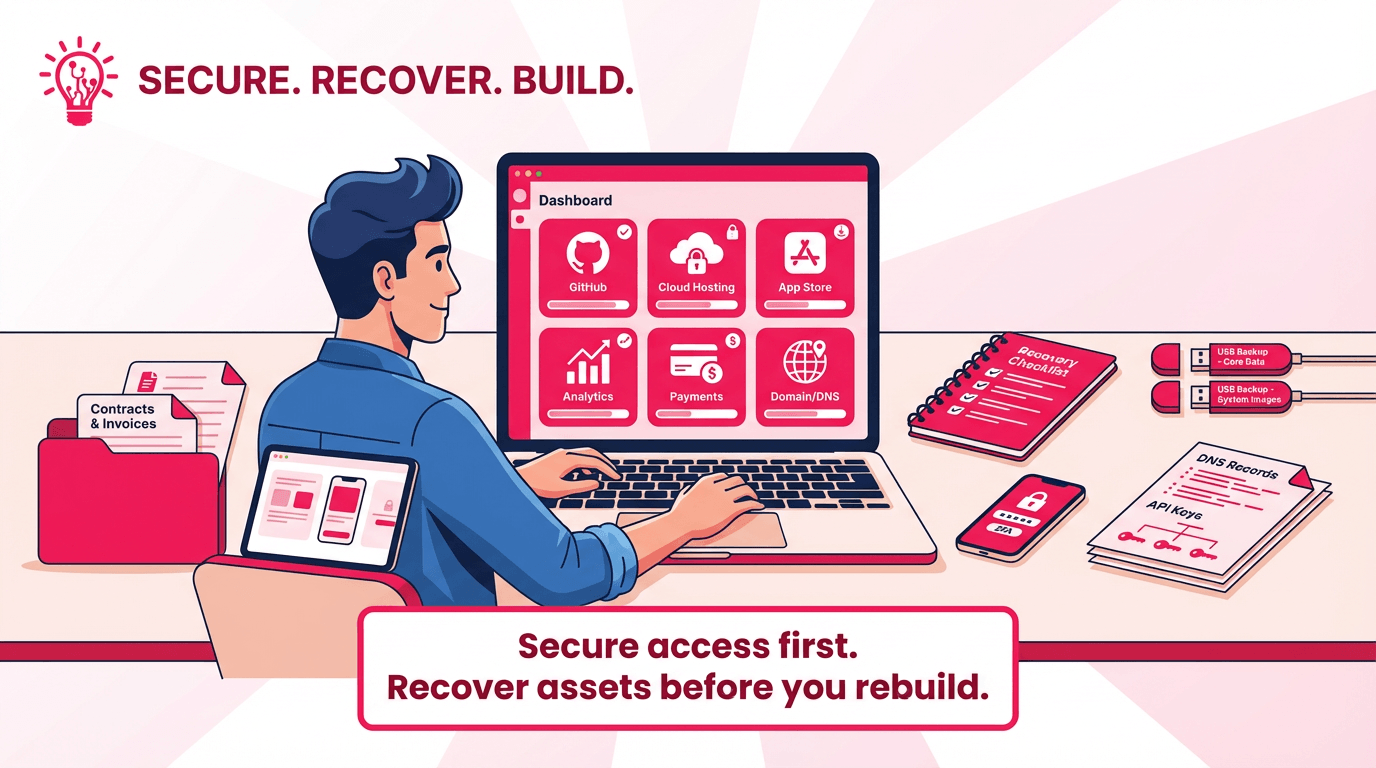 Founder locking down project accounts and organizing recovered code, files, and documentation after a developer disappears