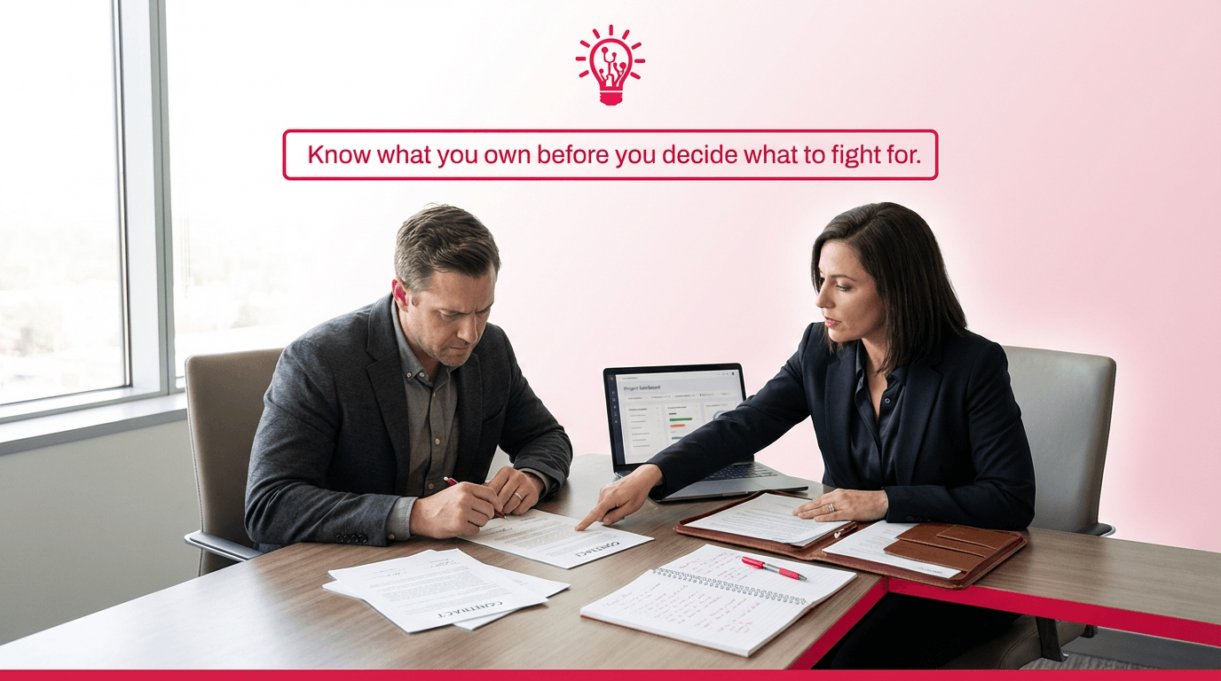 Founder reviewing contracts, invoices, and project records with an advisor to determine code ownership and legal options after a developer disappears