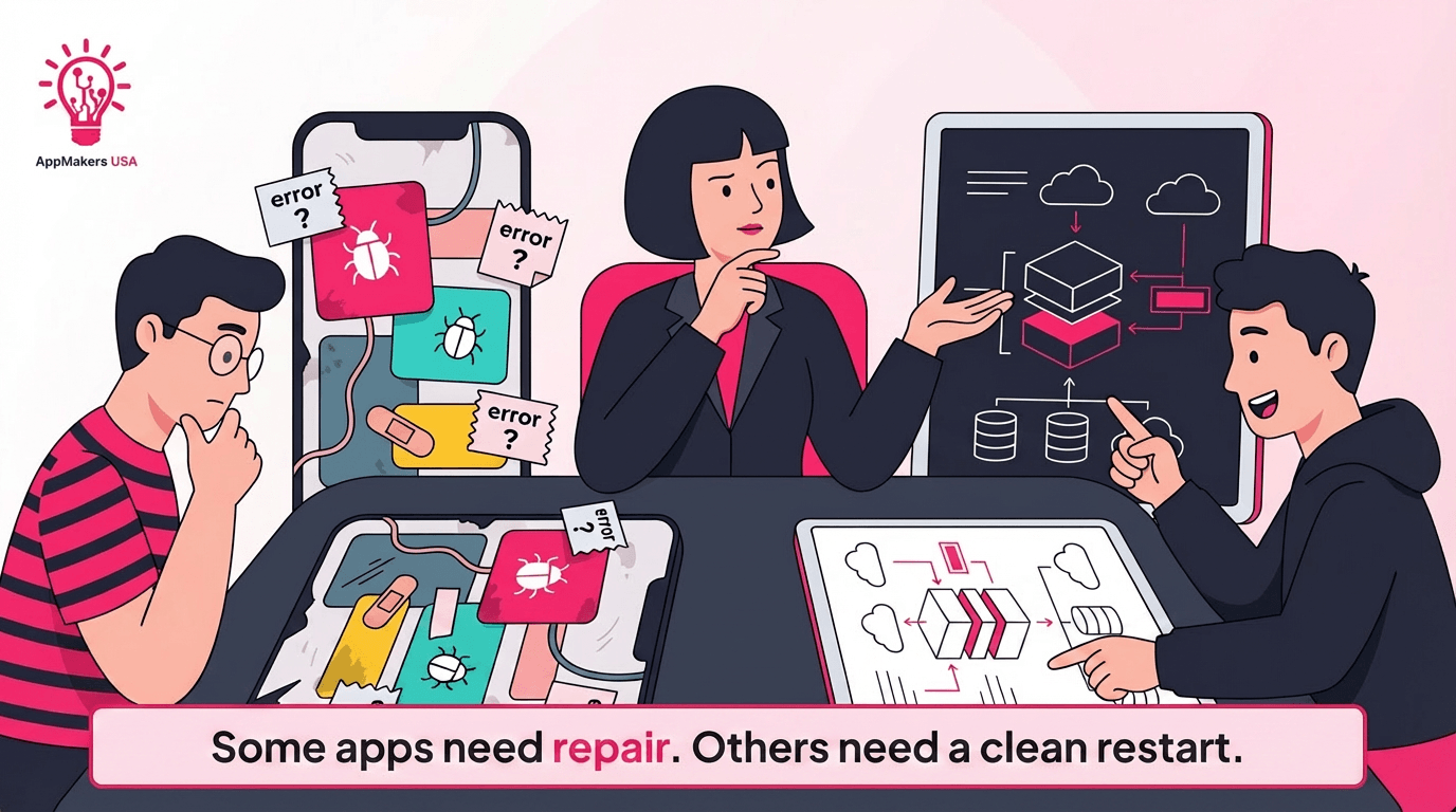 Founder and engineers comparing whether to repair an existing app or rebuild it from scratch after a failed development handoff