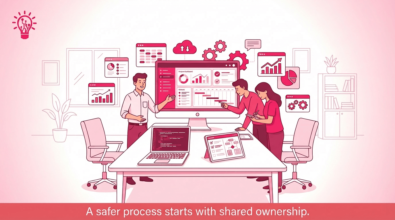Founder and engineering team working in an organized shared environment with clear project visibility and team ownership