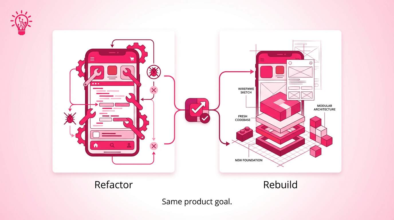 Clean side-by-side diagram showing the difference between refactoring an existing app and rebuilding it from scratch