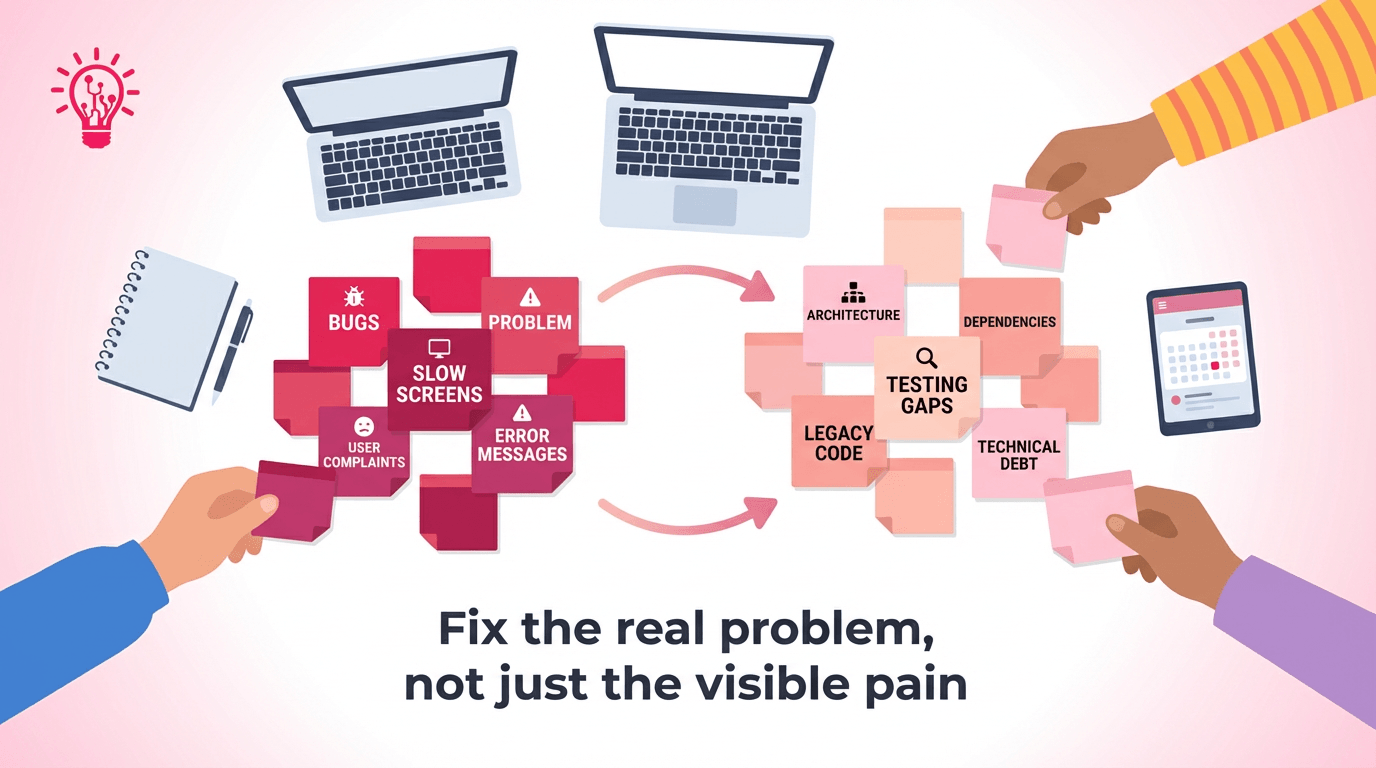 Overhead view of a founder and team sorting app issues into symptoms and root causes during a product strategy session
