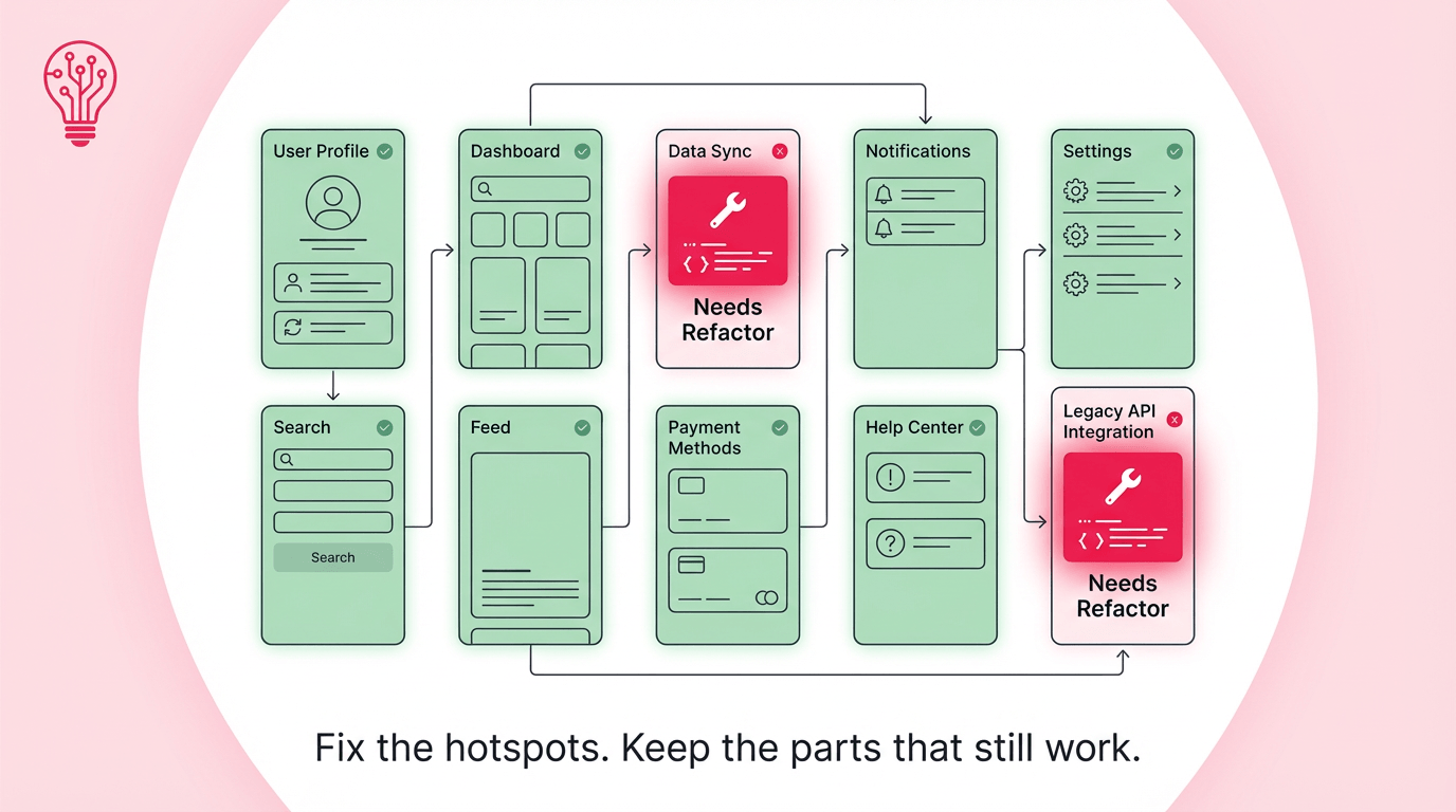 Clean diagram of an app with only a few highlighted modules marked for targeted refactoring while the rest remains stable