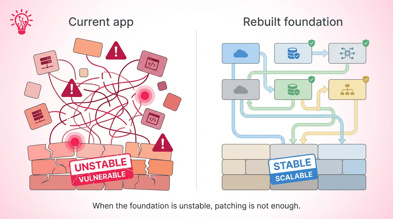 Clean diagram comparing a fragile app architecture with a cleaner rebuilt foundation