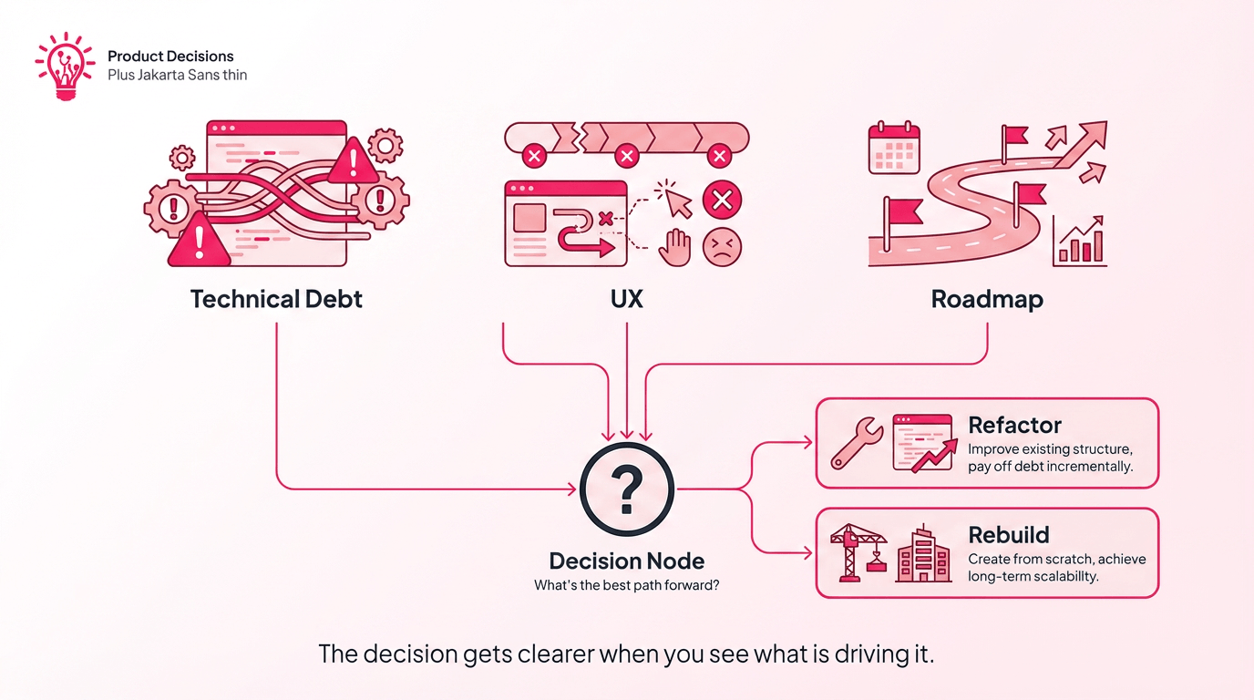 Three-part diagram showing technical debt, user experience, and product roadmap converging into a refactor-versus-rebuild decision