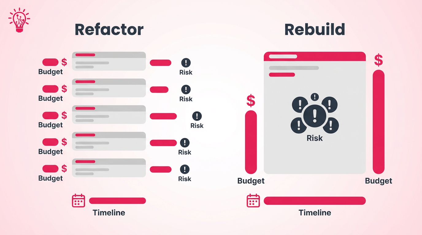 Clean comparison diagram showing refactor and rebuild tradeoffs across budget, timeline, and risk