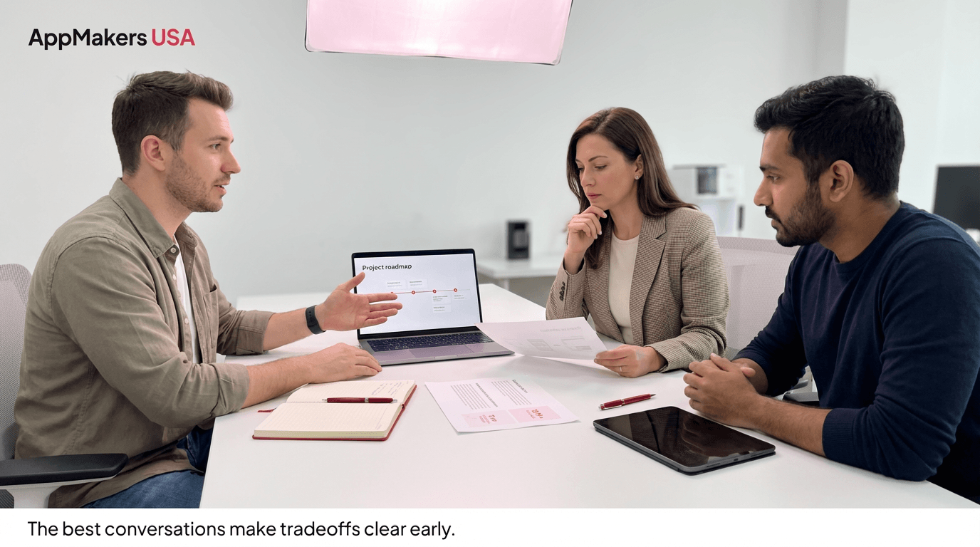 Founder meeting with developers to discuss whether an app should be refactored or rebuilt