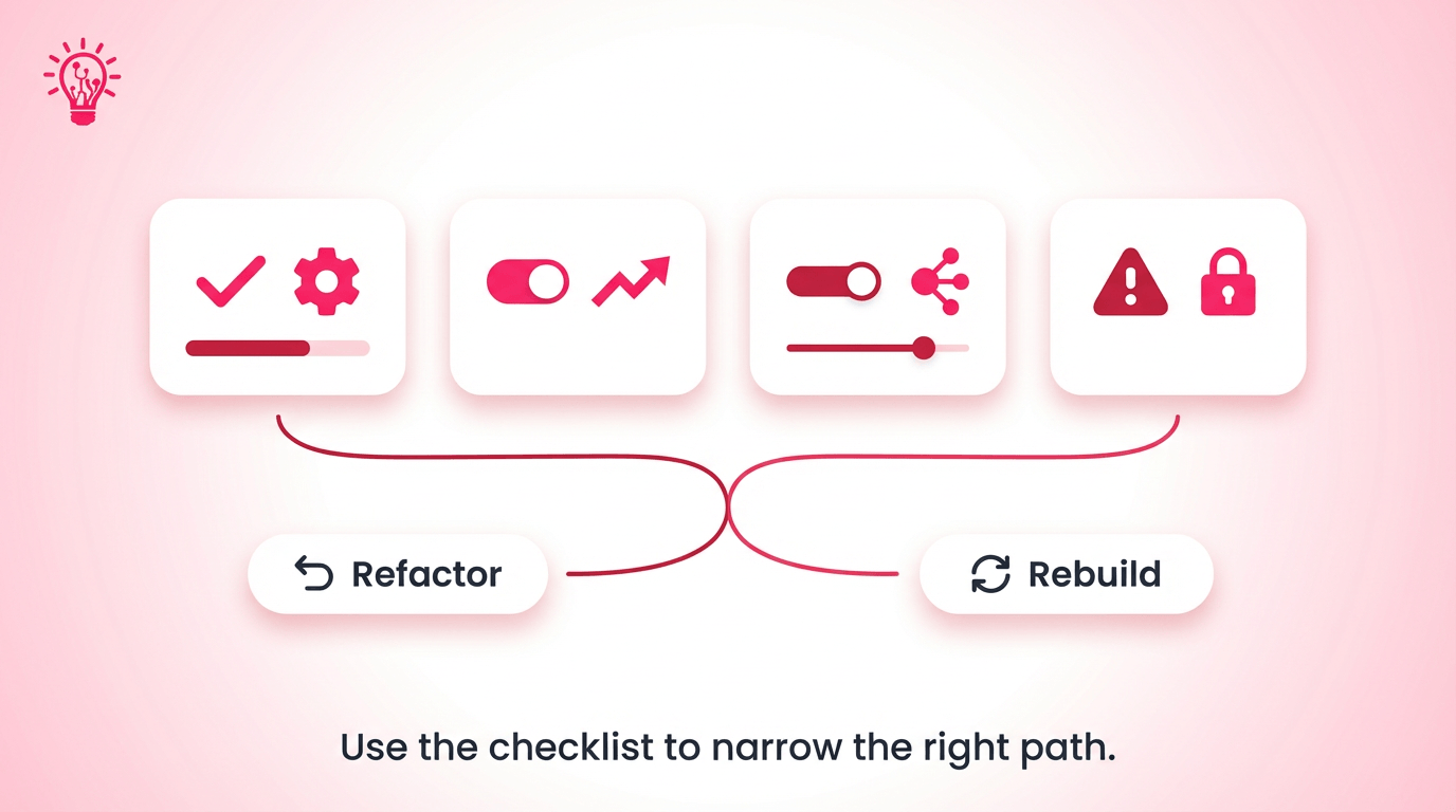 Clean worksheet-style graphic showing a founder checklist for deciding whether to refactor or rebuild an app