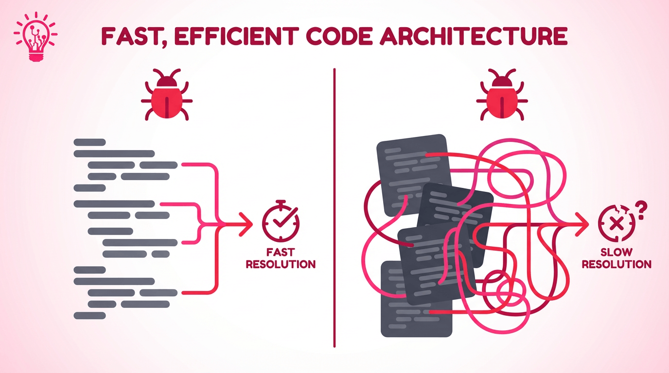 Split graphic comparing clean code architecture that leads to fast resolution with tangled code architecture that leads to slow resolution.